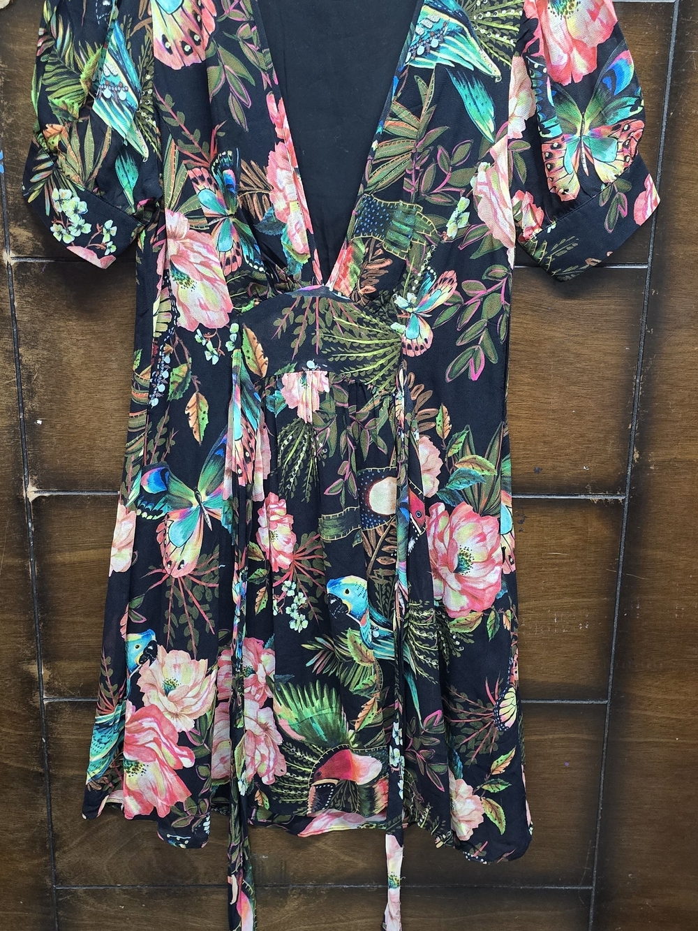 FARM Rio Black Floral & Teal Butterfly Mini Wrap Dress Small